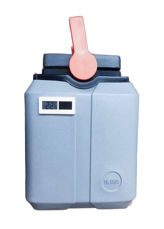Termo porta vacunas KST de 1.7 litros con termómetro solar incorporado para monitoreo de temperatura en la cadena de frío.