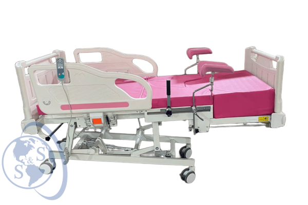 Cama de parto eléctrica color rosada en posición Trendelenburg cama de parto eléctrica color rosada en posición trendelenburg listas para distribución hospitalaria