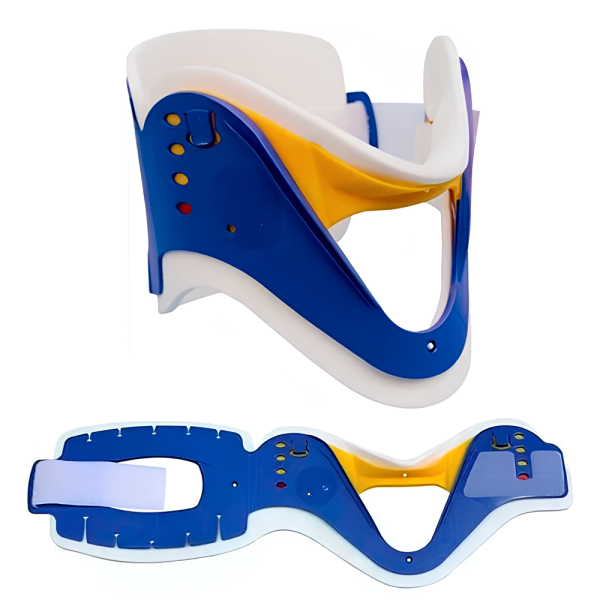 Collarín cervical rígido para adulto y niño, regulable, fabricado en polietileno hipoalergénico, para inmovilización y soporte del cuello.