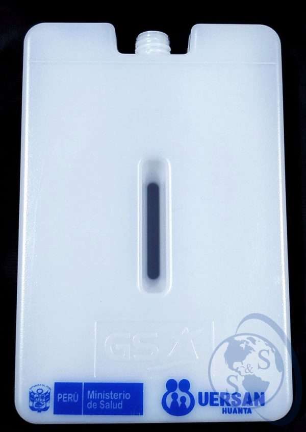 Paquetes fríos GS 0.4 L para termos KST porta vacunas, con logotipo de una Red de Salud del Ministerio de Salud del Perú.