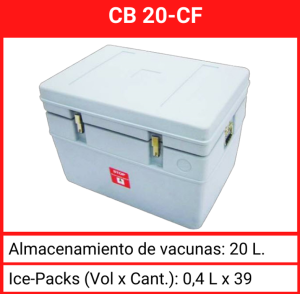 Especificaciones técnicas de la caja térmica Blow King 20L y paquetes fríos con detalles sobre modelo y volúmenes de almacenamiento.