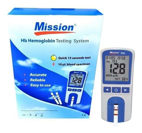 Hemoglobinómetro portátil Mission con caja original y accesorios visibles