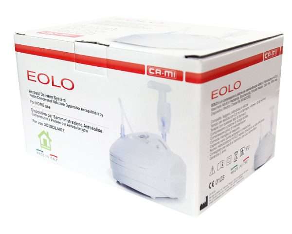 Caja del nebulizador portátil Eolo Cami mostrando marca, especificaciones y contenido del producto