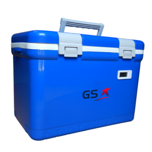 Termo porta vacunas de 12 litros GS color azul con 6 refrigerantes y termómetro digital para transporte seguro de vacunas