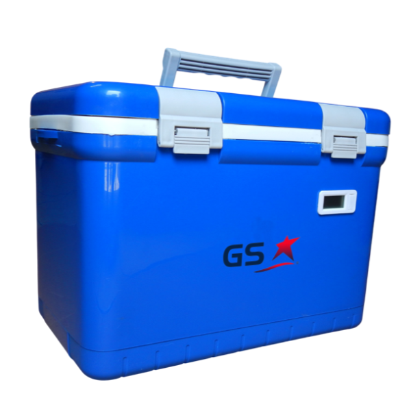 Termo porta vacunas de 12 litros GS color azul con 6 refrigerantes y termómetro digital para transporte seguro de vacunas