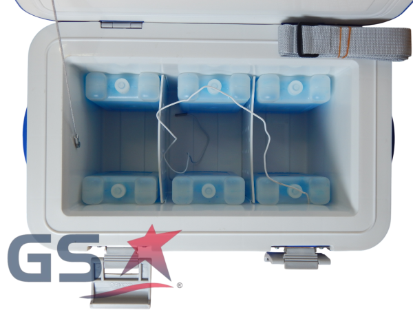 Cooler porta muestras de 12 litros abierto con 6 paquetes fríos y sonda de termómetro digital externo