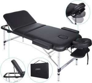 Camilla para masajes portátil de aluminio importada y plegable, color negro, con respaldo reclinable y accesorios incluidos.