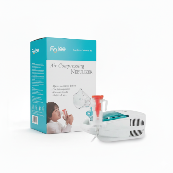 Nebulizador portátil Folee W003 color blanco y azul frente a su caja original con accesorios incluidos