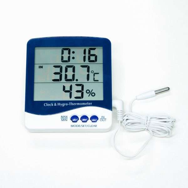 Termohigrómetro digital Boeco SH-110 calibrado con sonda externa mostrando temperatura, humedad relativa y hora en pantalla, disponible con certificado INACAL.