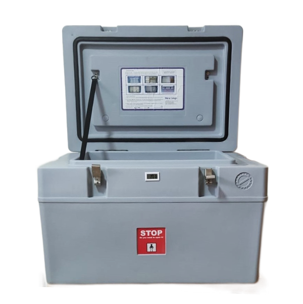 Caja transportadora de vacunas Blowkings de 12 litros con tapa abierta, interior aislado y sistema de cierre visible para transporte seguro.