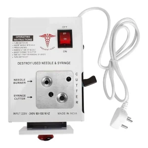 Destructor de Agujas Hipodérmicas y Jeringas Eléctrico – Uso Médico Destructor de agujas hipodérmicas y jeringas eléctrico para uso hospitalario con diseño compacto y carcasa metálica