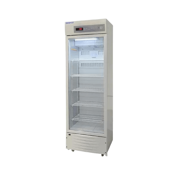 Refrigeradora para medicamentos BIOBASE BPR-5V298 vertical de 298 litros con puerta de vidrio y control de temperatura de 2 a 8 grados Celsius