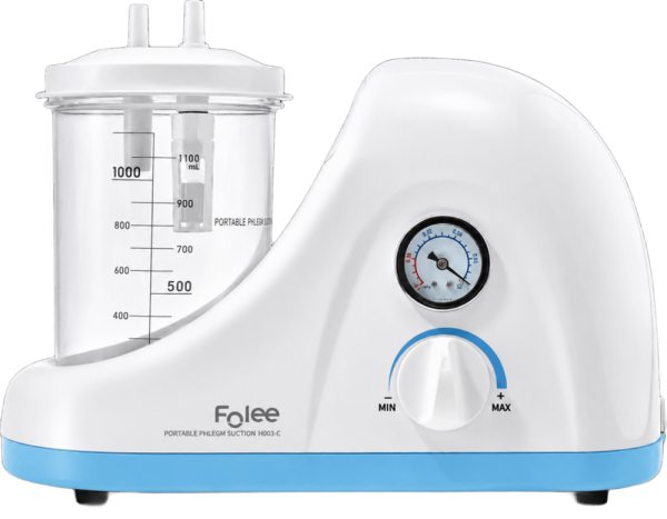 Aspirador de secreciones Folee H003-C portátil para adultos con regulador de vacío, frasco recolector de 1000 ml y diseño compacto para uso clínico y domiciliario.