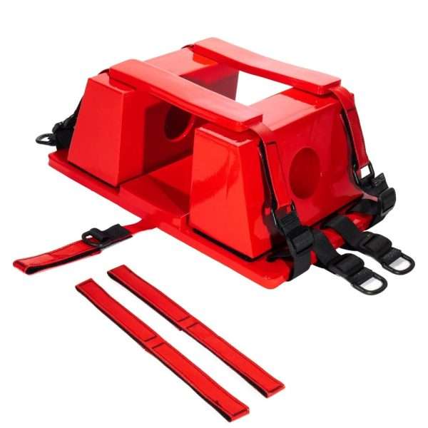 Cinchas con velcro del inmovilizador de cabeza utilizadas para fijarlo de forma segura a una tabla espinal de rescate.